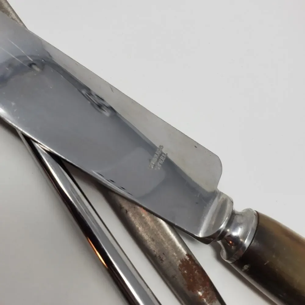 Vintage Wade & Butcher Antler Handle stainless steel knife and tong set